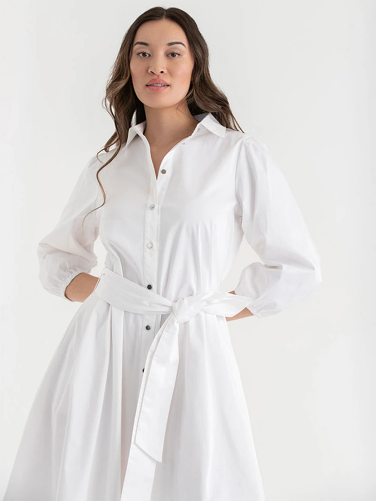 Puff Sleeve Belted Midi Shirtdress Luxe Poplin