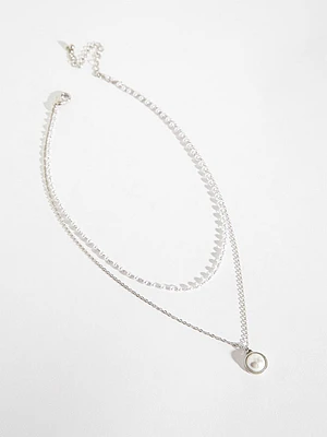 Layered Pearls & Solitaire Pendant Silver Necklace