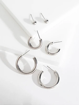 Ball Stud & Hoop Earring Trio in Silver