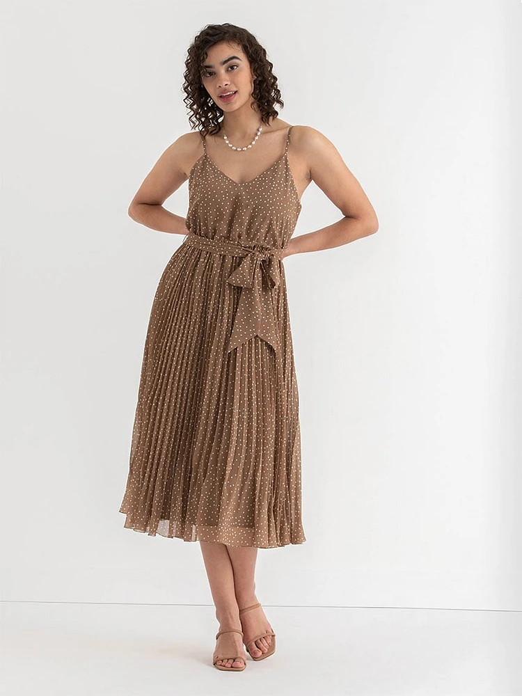 V-Neck Pleated Skirt Midi Dress