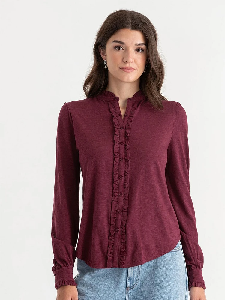 Ruffle Trim Button Up Blouse