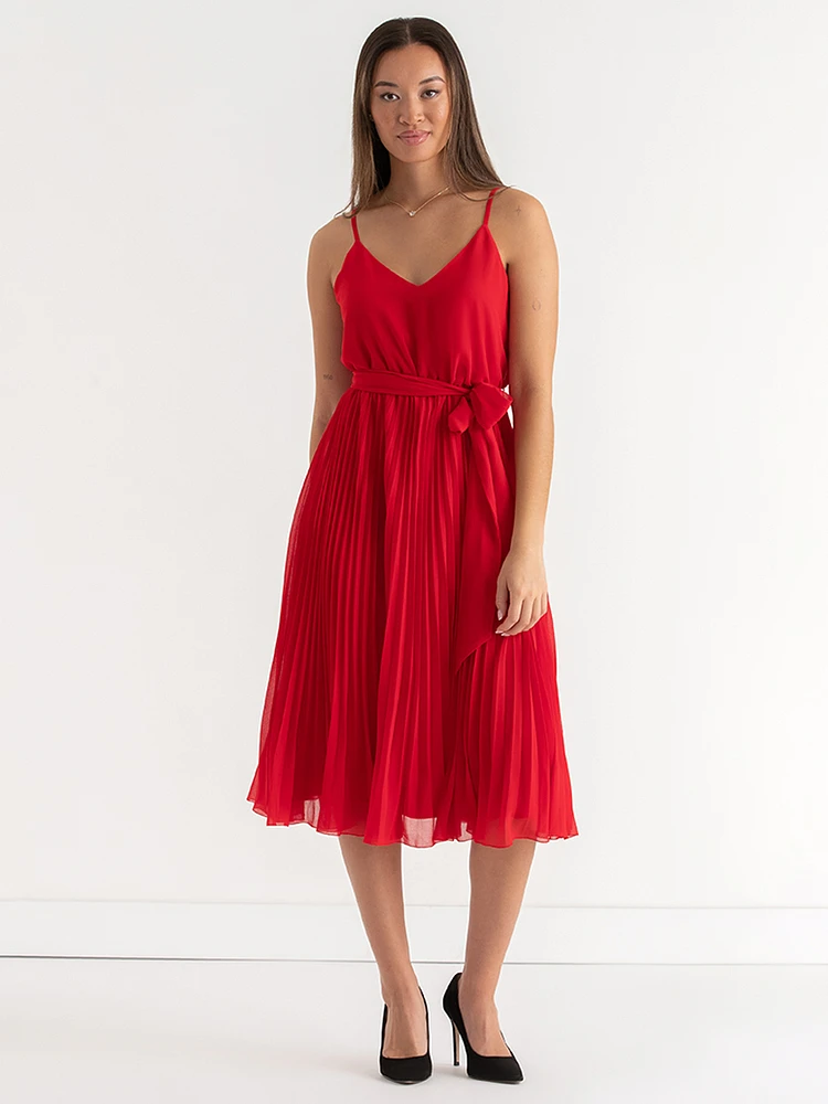 V-Neck Pleated Skirt Midi Dress