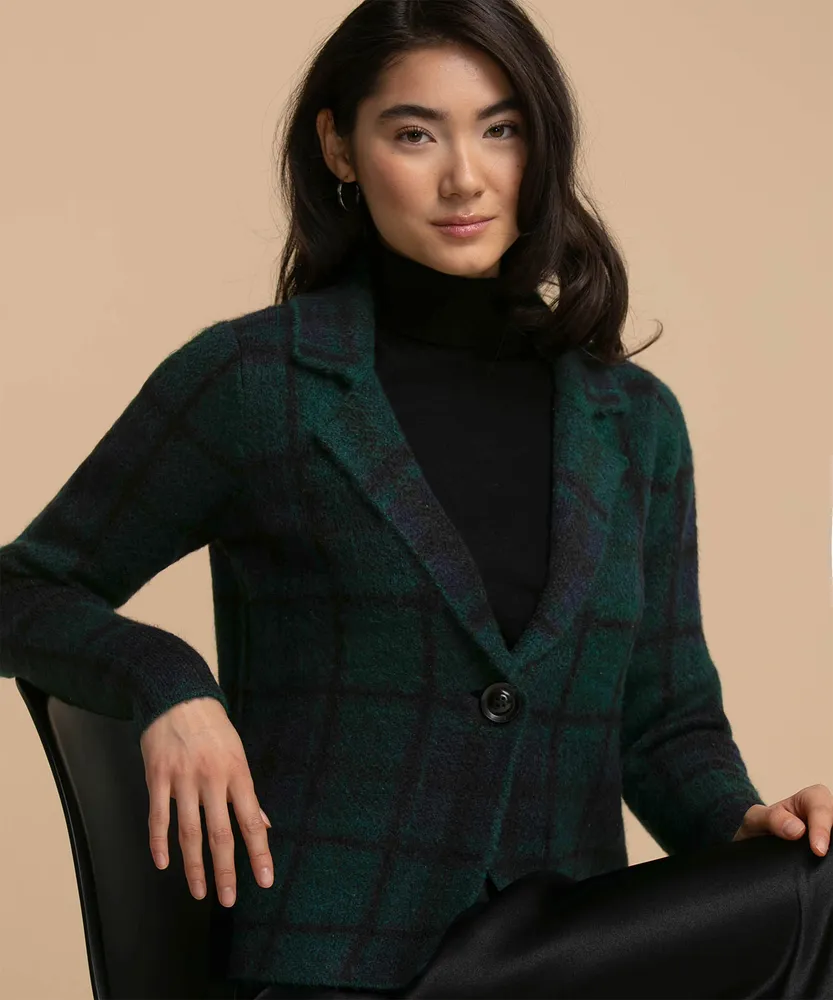 Eco-Friendly One-Button Plaid Cardigan