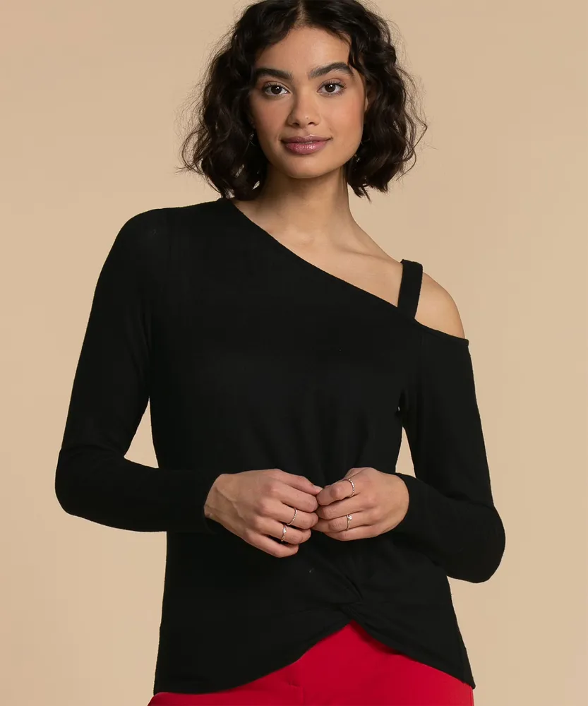 Knotted Hem Top with Cut-Out Shoulder Detail