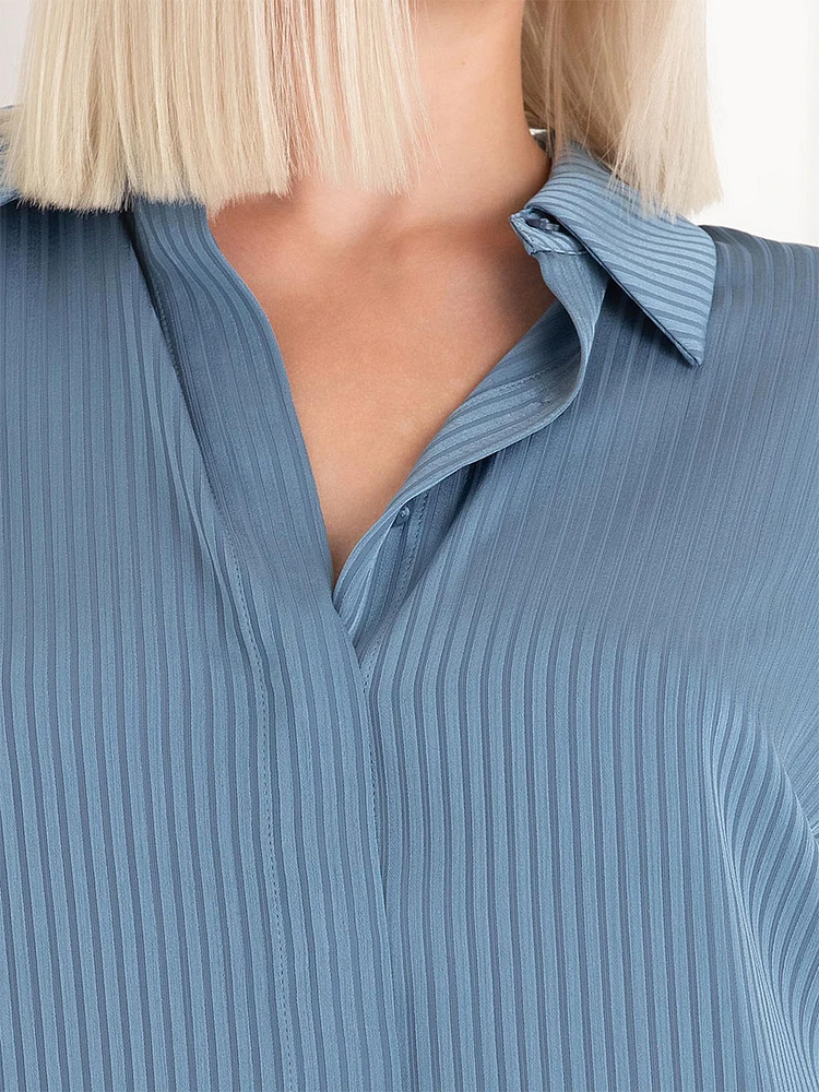 Striped Waist Tie Collared Blouse