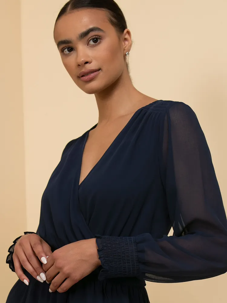 Long Sleeve Tiered Smock-Waist Dress