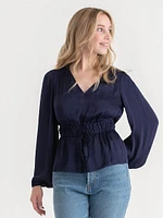 Long Sleeve Charmeuse V-Neck Blouse