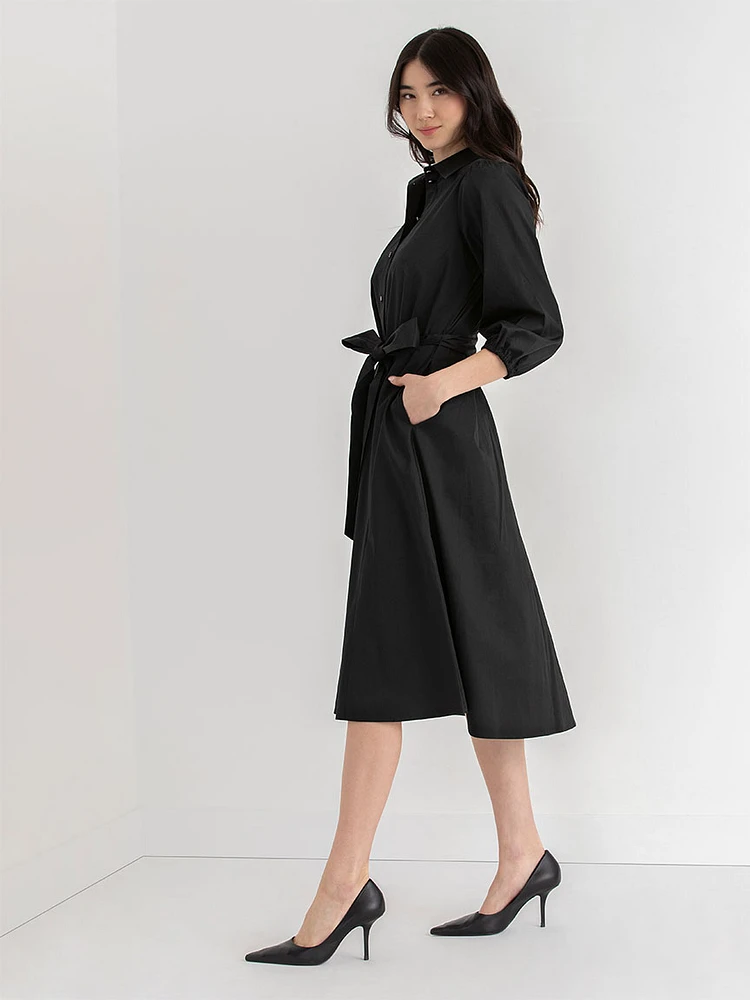 Puff Sleeve Belted Midi Shirtdress Luxe Poplin