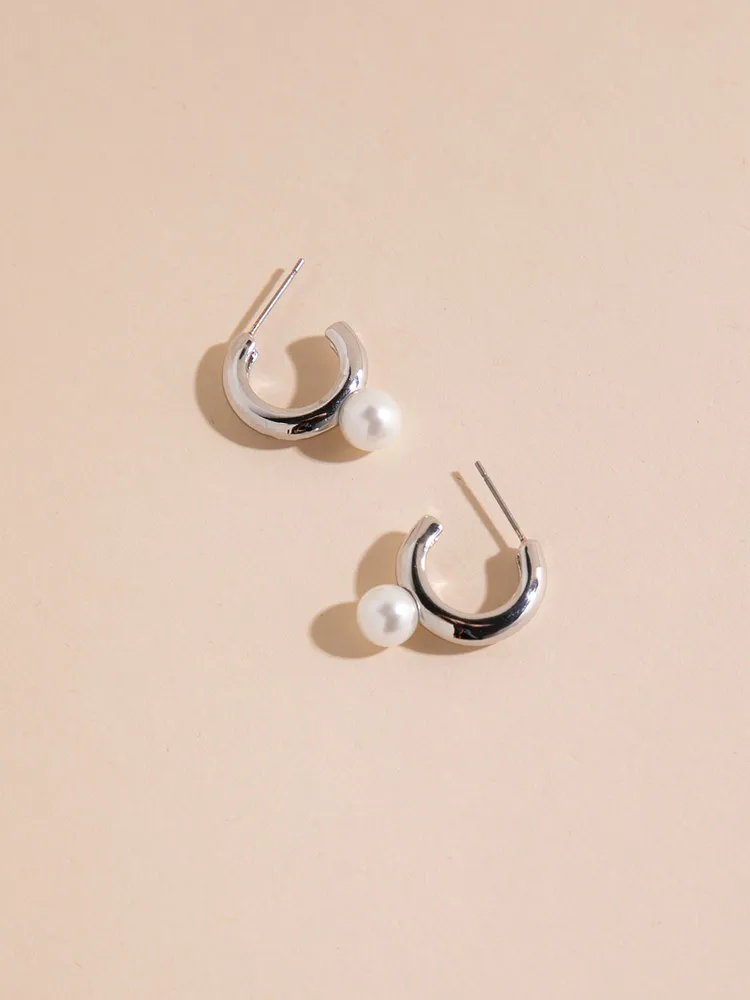 Chunky Mid-Size Silver Hoops with Pearl Earrings