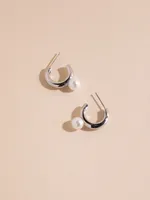 Chunky Mid-Size Silver Hoops with Pearl Earrings