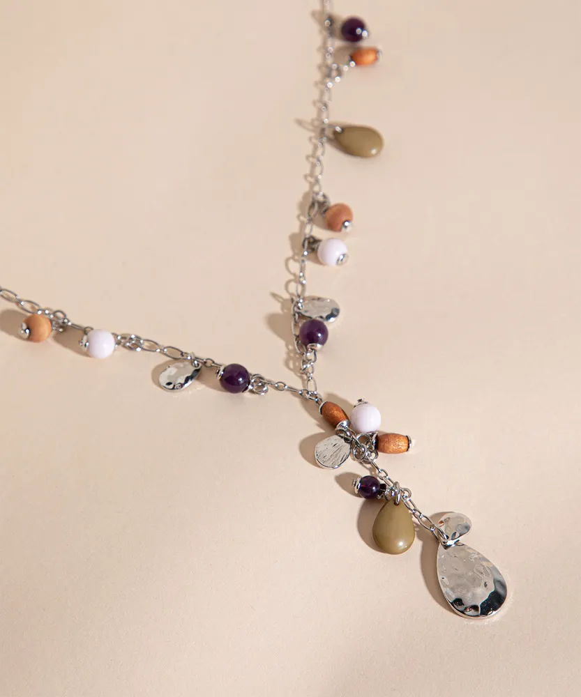 Long Silver Necklace with Assorted Beads