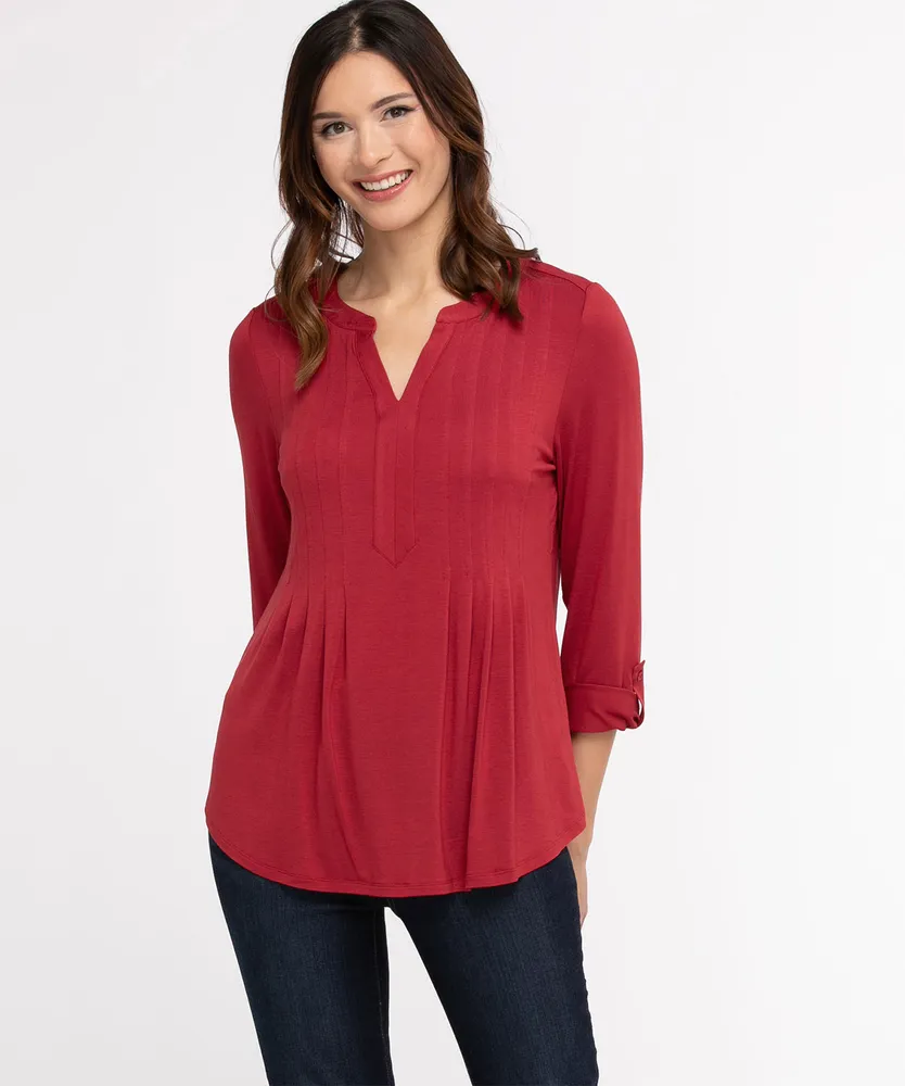 Roll Sleeve Pintuck Top