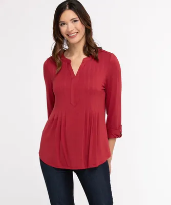 Roll Sleeve Pintuck Top