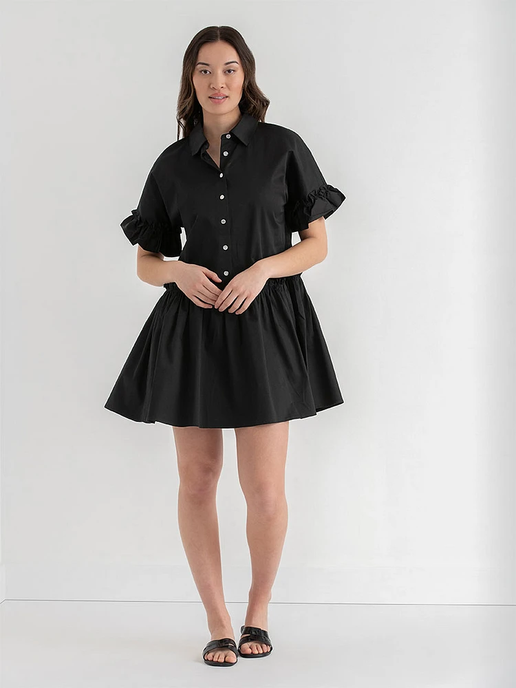 Short Sleeve Luxe Poplin Dress with Ruffles