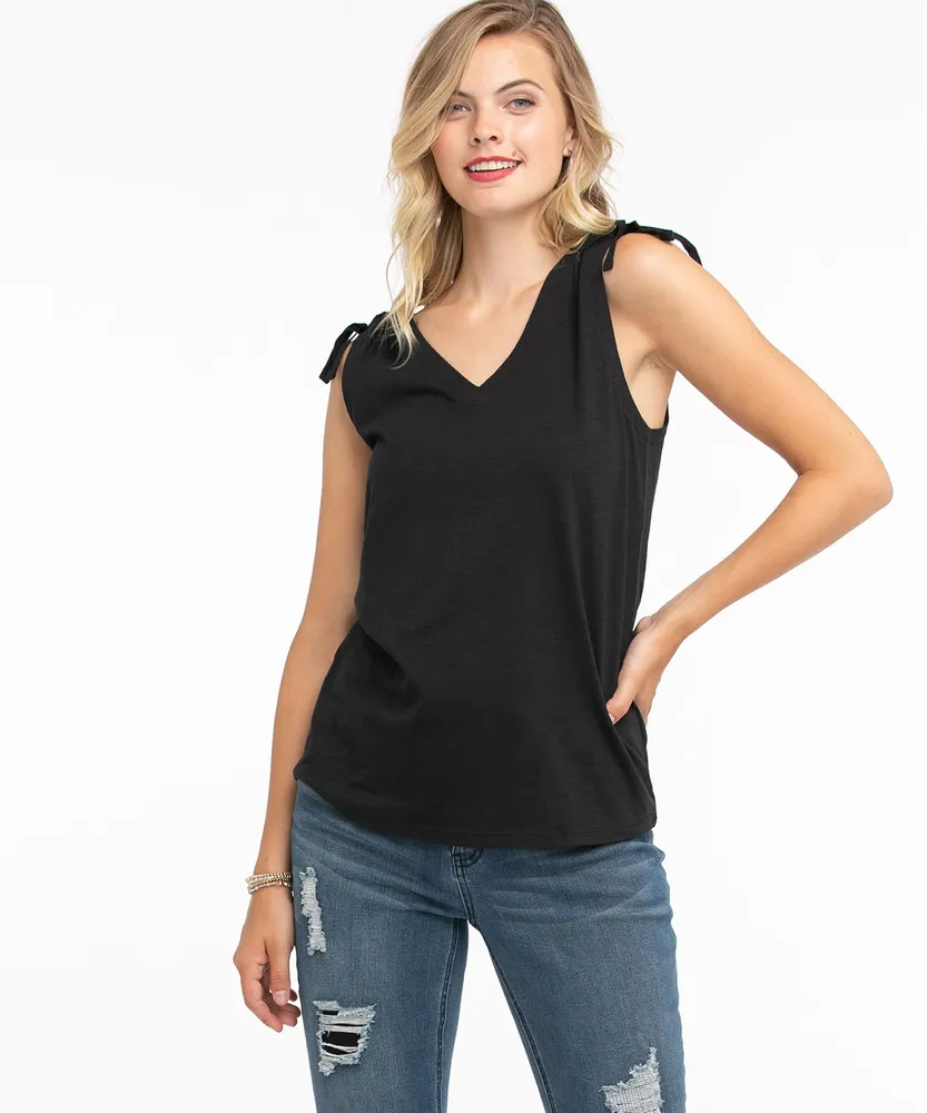 Double-V Ruched Tie Shoulder Tank Top