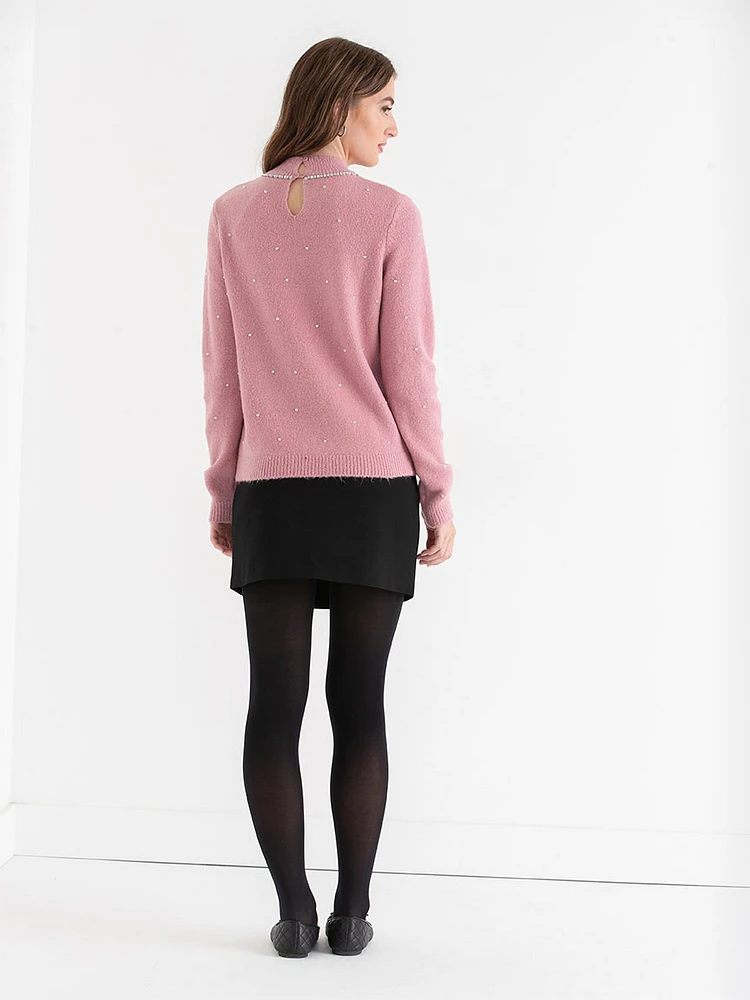 Mock Neck Pearl Pullover Sweater