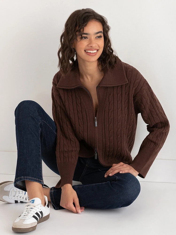 Cable Knit Zip Front Cardigan