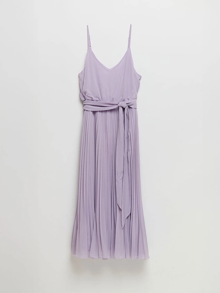 V-Neck Pleated Skirt Midi Dress