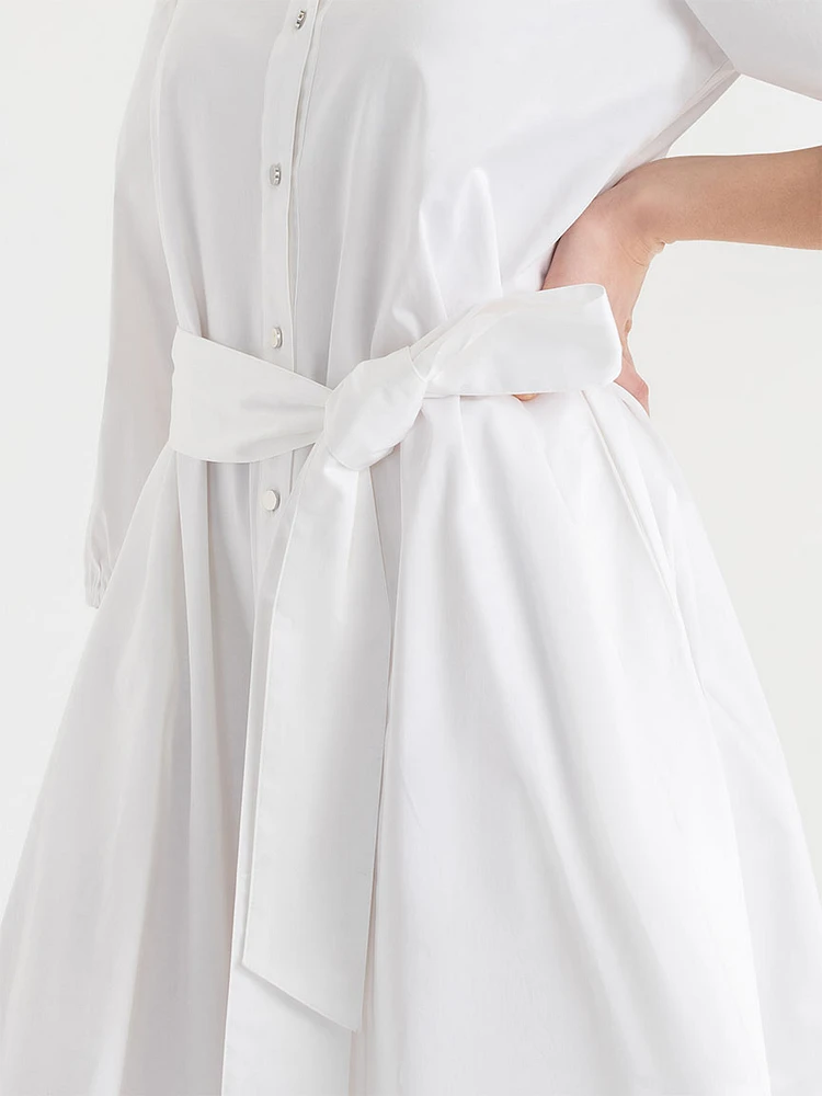 Puff Sleeve Belted Midi Shirtdress Luxe Poplin