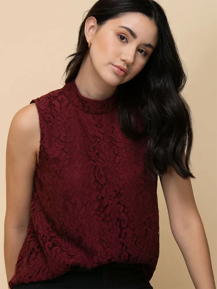 Sleeveless Lace Mockneck Blouse