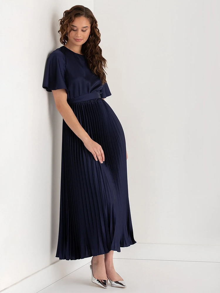 Short Sleeve Pleated Dress with Flutter Sleeves