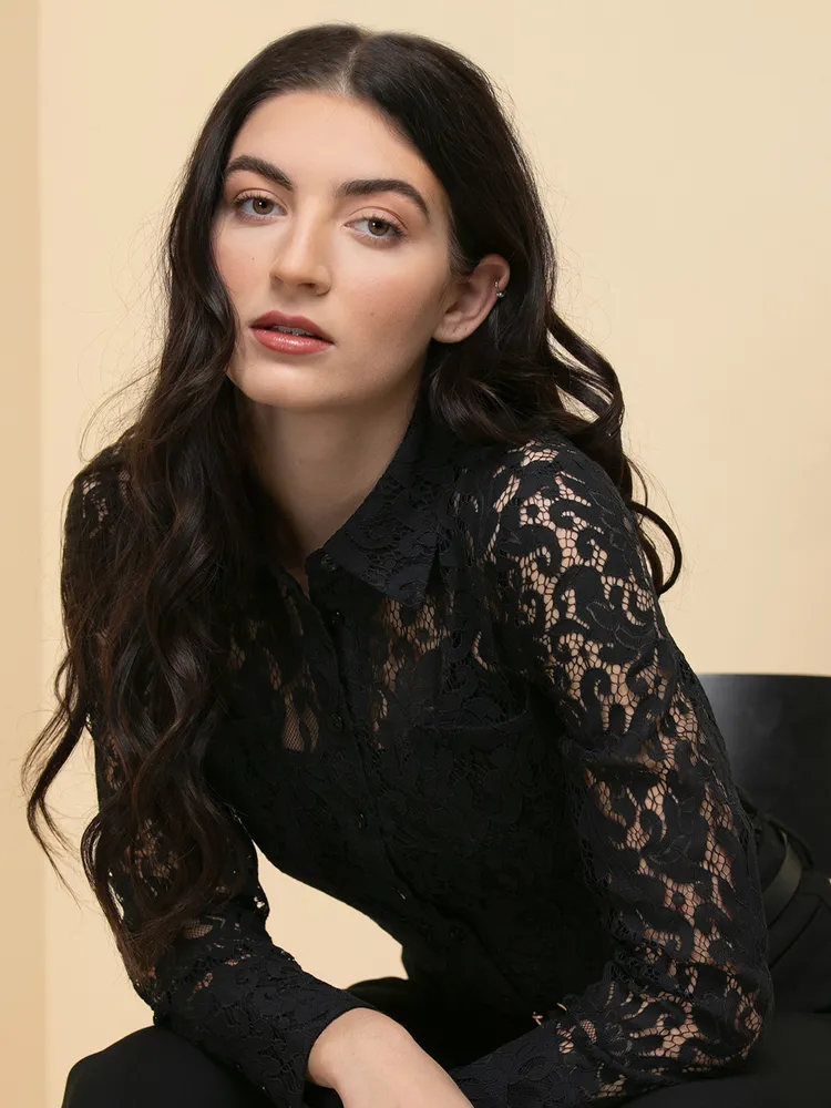 Long Sleeve Collared Button-Front Lace Shirt