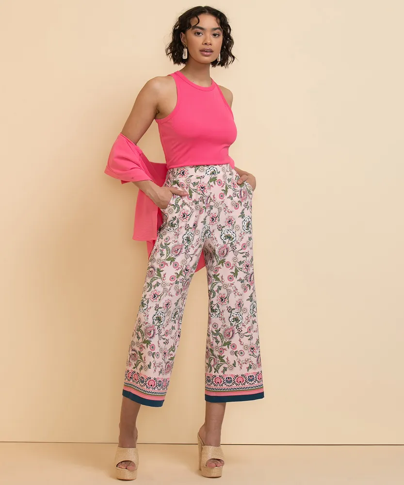 Printed Pull-On Wide-Crop Pant