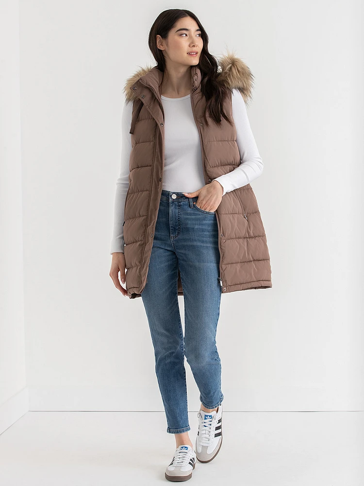 Carlyn Long Puffer Vest with Detachable Hood & Fur Trim