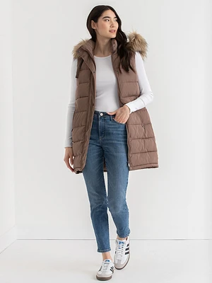 Carlyn Long Puffer Vest with Detachable Hood & Fur Trim