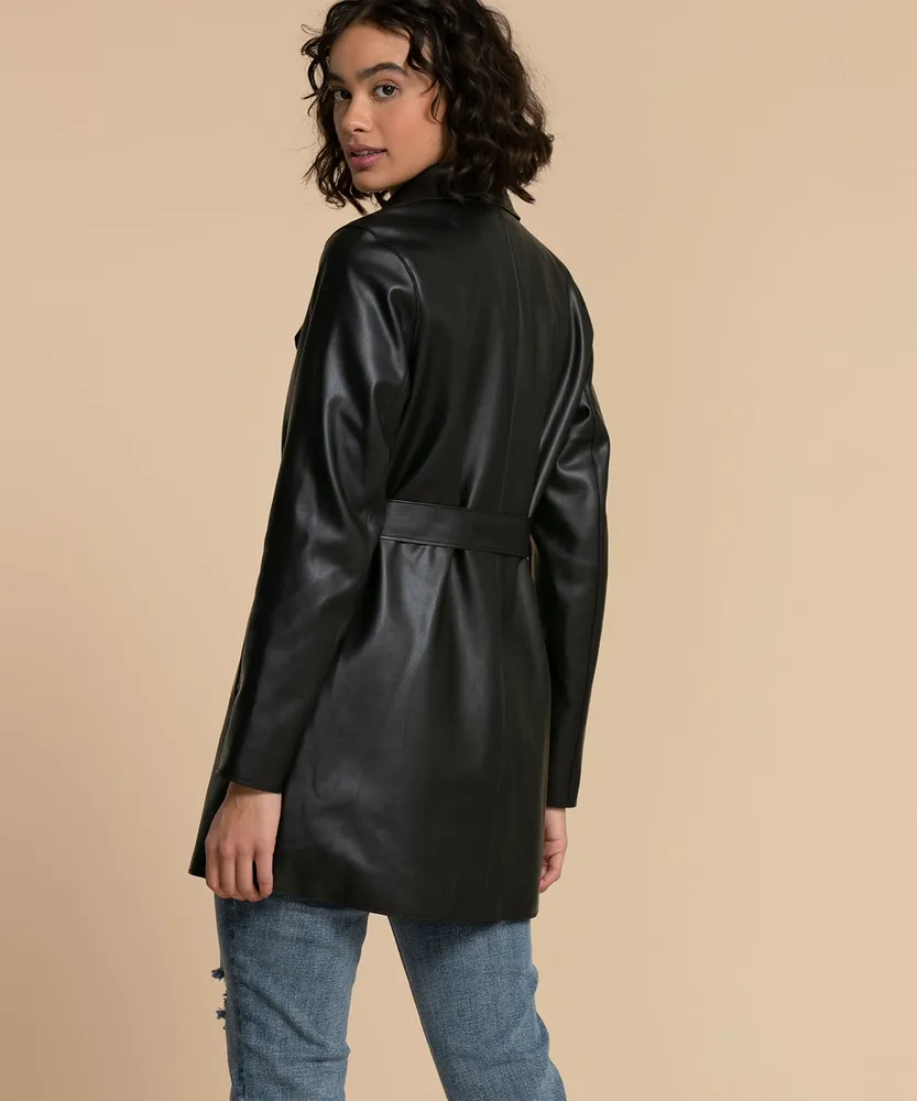 Belted Faux Leather Trench Coat