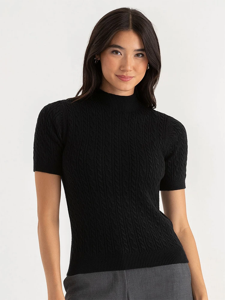 Mock Neck Elbow Sleeve Cable Sweater