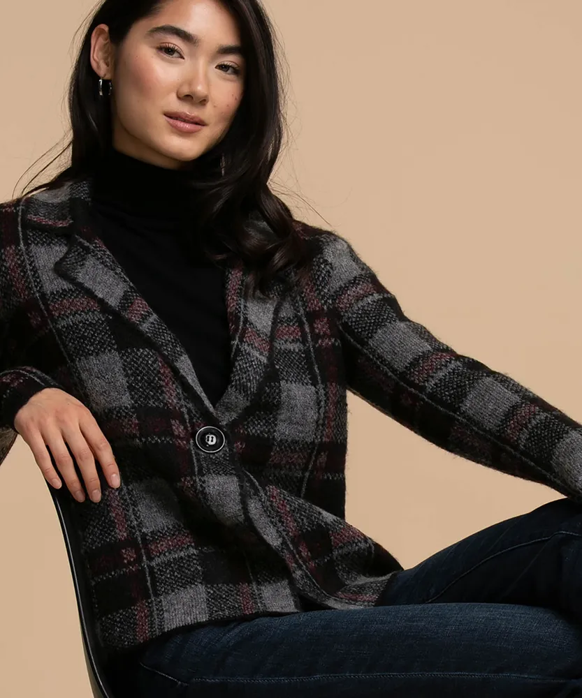 Eco-Friendly One-Button Plaid Cardigan