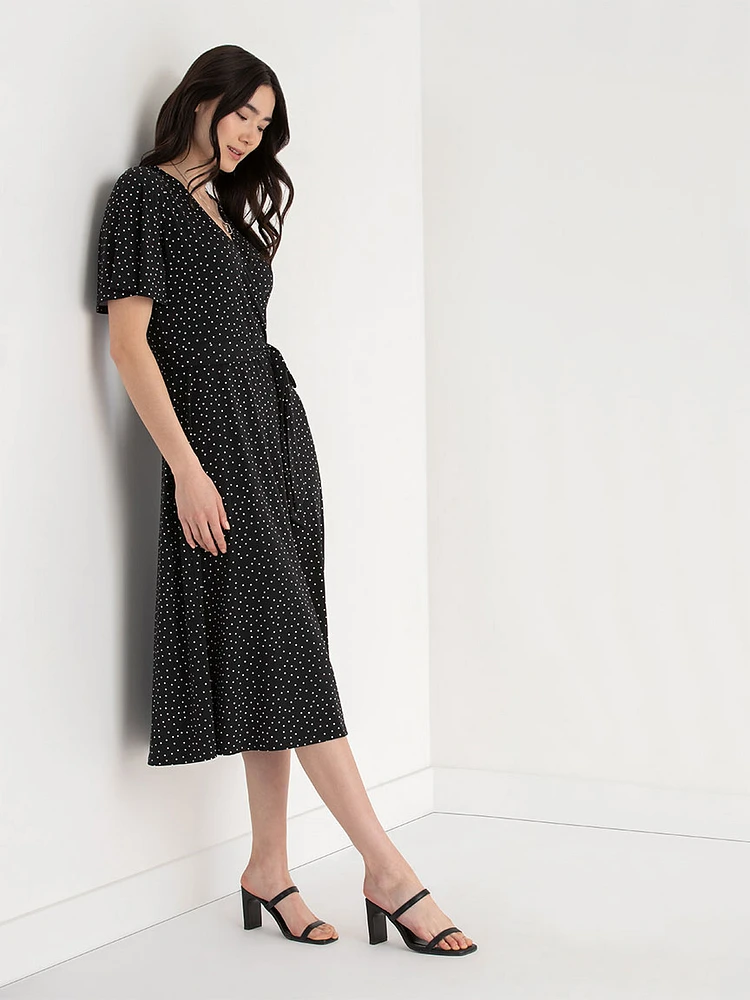 Short Sleeve Faux Wrap Midi Dress