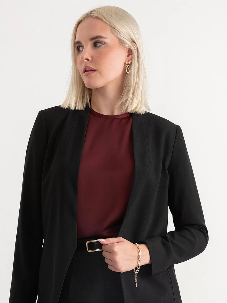 Collarless Open Front Blazer Crepe