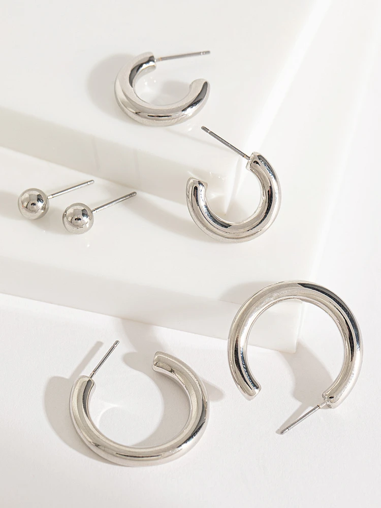 Silver Hoops & Studs Earring Trio