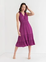 Sleeveless Ruffle Tiered Charmeuse Satin Midi Dress