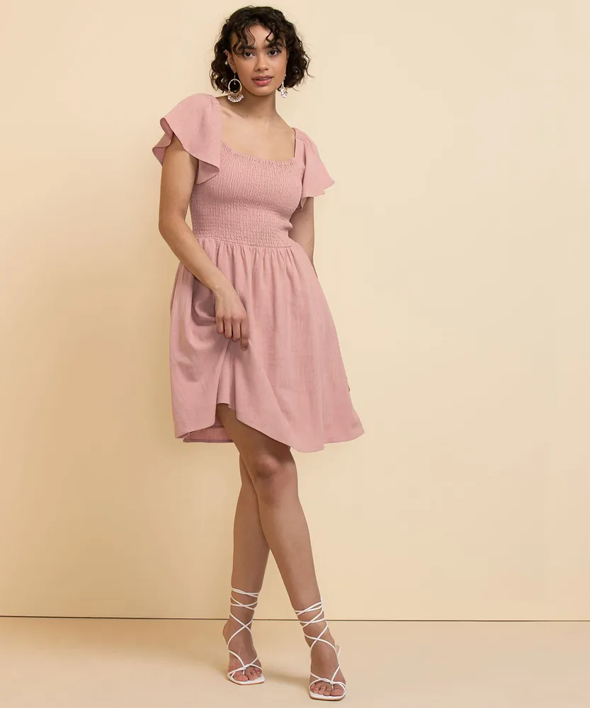 Square Neck Linen Smocked Bodice Dress