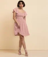 Square Neck Linen Smocked Bodice Dress