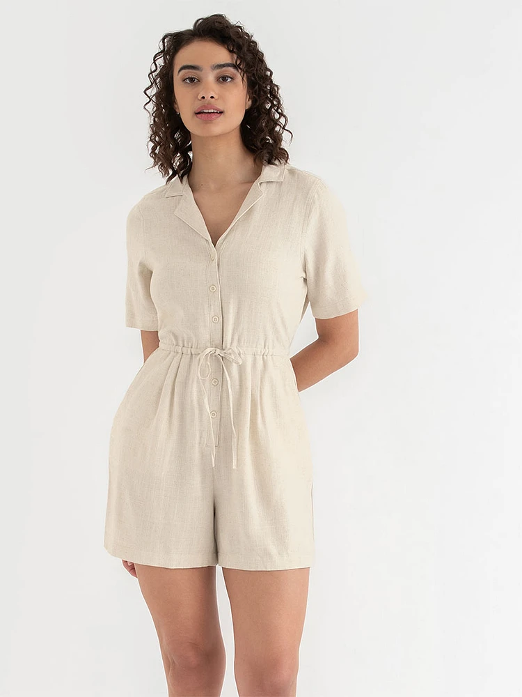 Collared Linen Romper with Drawstring Waist