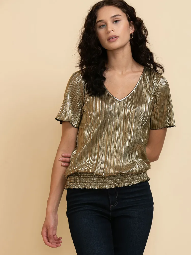 Gold Plisse Flutter Sleeve Top