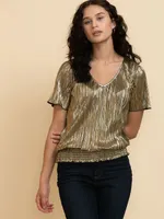 Gold Plisse Flutter Sleeve Top