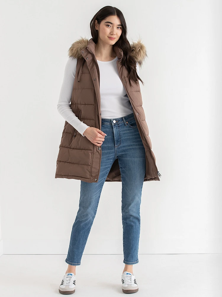 Carlyn Long Puffer Vest with Detachable Hood & Fur Trim