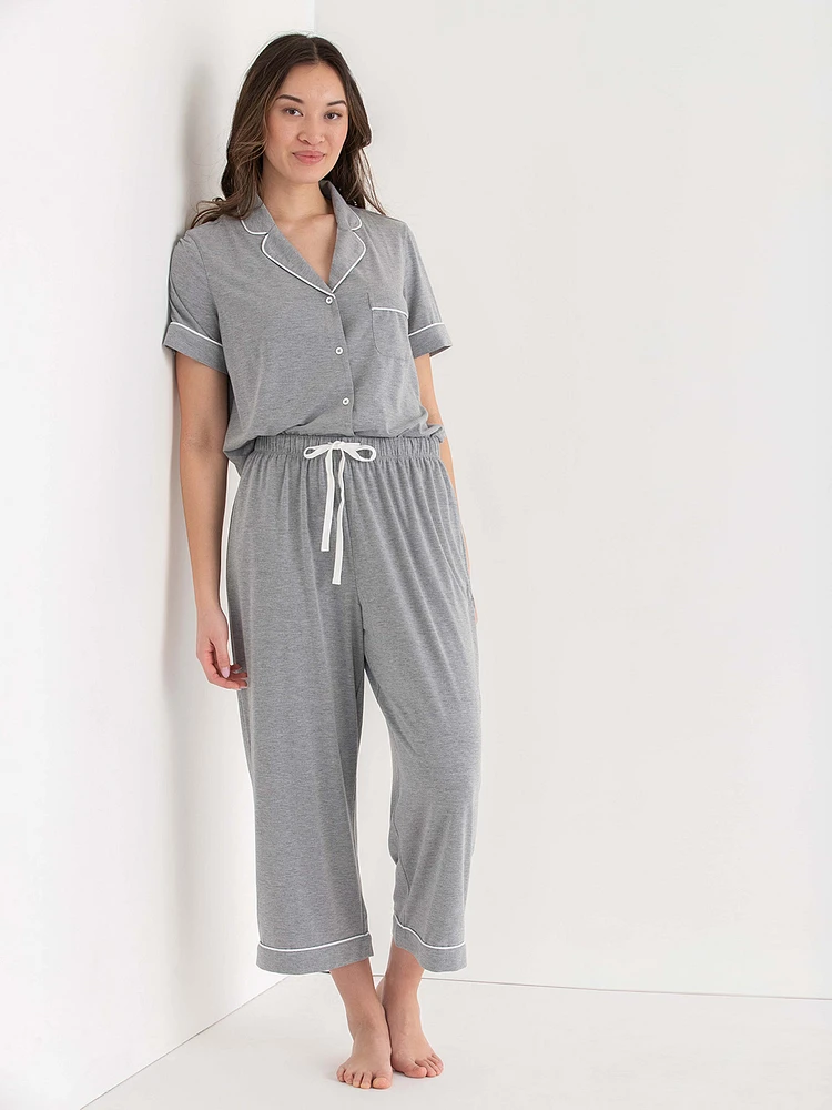 Short Sleeve Button Down Shirt with Crop Pant Sleep Set