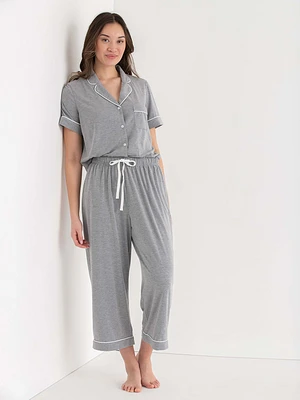 Short Sleeve Button Down Shirt with Crop Pant Sleep Set