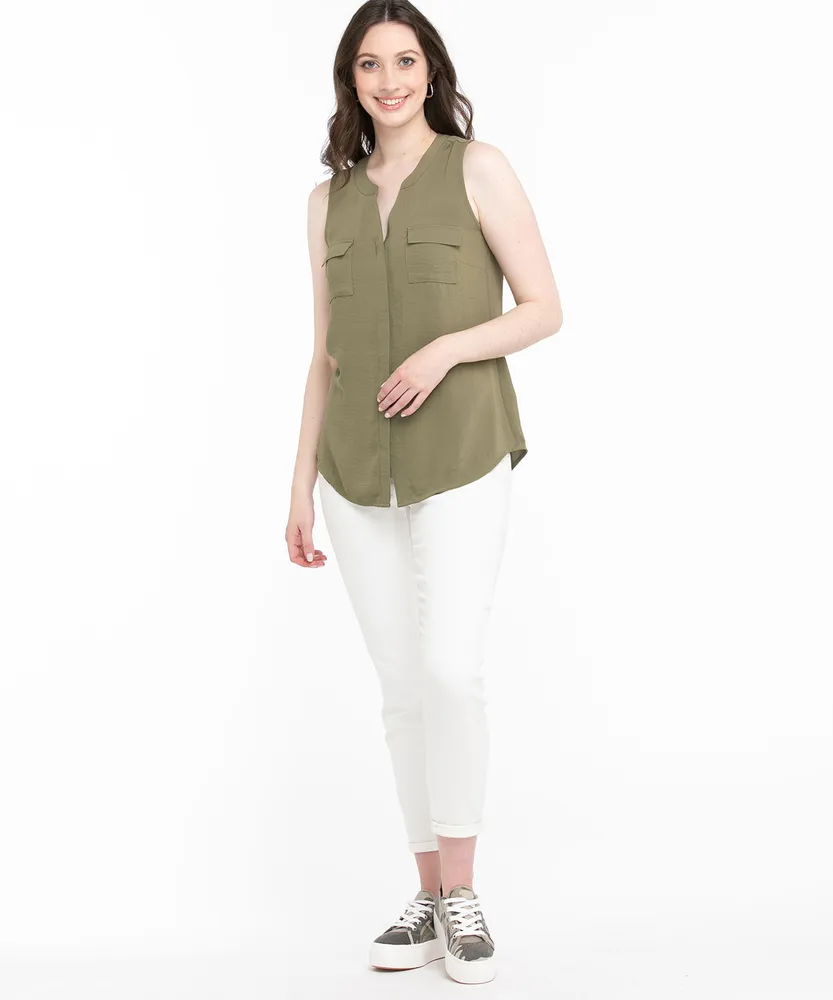 Sleeveless Placket Front Henley Blouse