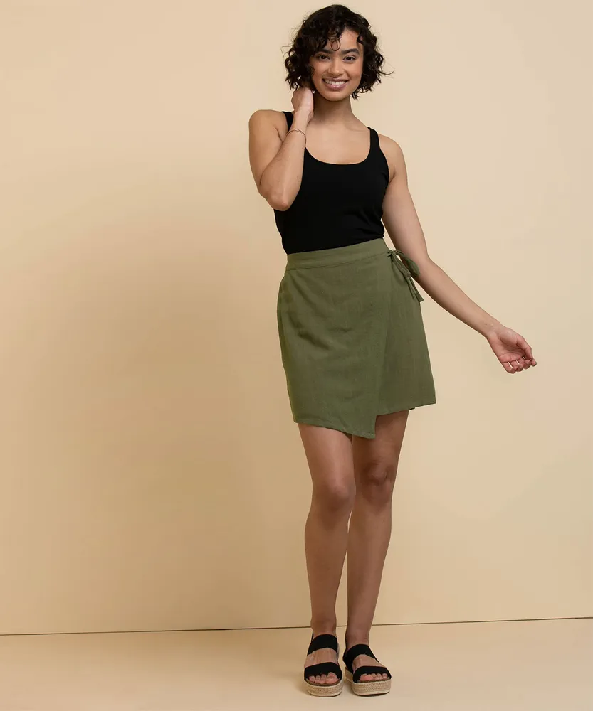 Meraki Asymmetric Hem Mini Wrap Skirt