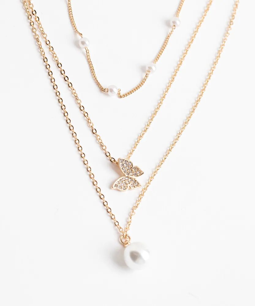 Layered Pearl & Butterfly Necklace