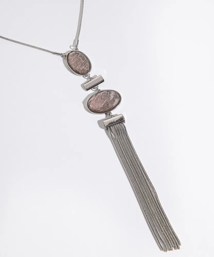 Long Silver Necklace with Epoxy Stone & Tassel Pendant