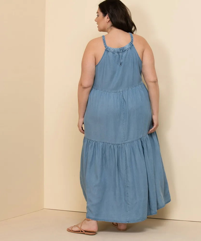 Chambray Braid Halter Maxi Dress