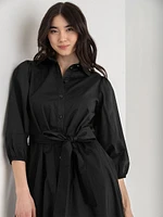 Puff Sleeve Belted Midi Shirtdress Luxe Poplin